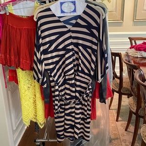 Navy blue and tan striped flowy dress